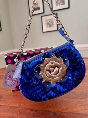 VTG Sharif Blue Purse Handbag Sequins Rose  Chain Handle Shoulder Strap NWT 1980